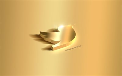 twitter 3d gold logo, twitter emblem, twitter logo, gold hintergrund, twitter, social media, 3d kunst
