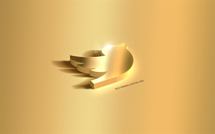 Twitter 3d guldlogotyp, Twitter-emblem, Twitter-logotyp, guldbakgrund, Twitter, sociala medier, 3d-konst