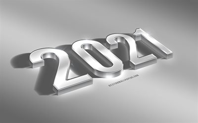 2021 New Year, silver 3D art, 2021 3D silver background, 2021 concepts, Happy New Year, silver 2021 background
