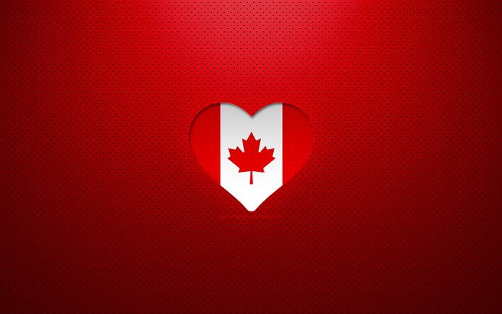 Amo il Canada, 4k, paesi nordamericani, sfondo rosso punteggiato, cuore della bandiera canadese, Canada, paesi preferiti, bandiera canadese