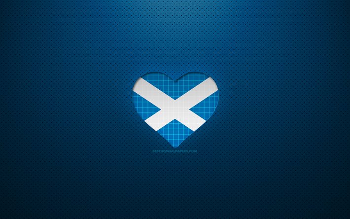 Amo la Scozia, 4K, Europa, sfondo blu punteggiato, cuore della bandiera scozzese, Scozia, paesi preferiti, bandiera scozzese