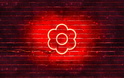 Red flower neon icon, 4k, red background, neon symbols, Red flower, neon icons, Red flower sign, nature signs, Red flower icon, nature icons