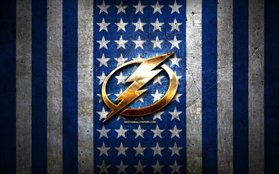 Bandiera Tampa Bay Lightning, NHL, sfondo blu metallo bianco, squadra di hockey americana, logo Tampa Bay Lightning, USA, hockey, logo dorato, Tampa Bay Lightning