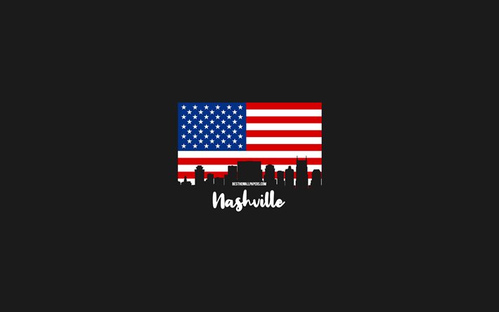 Nashville, Amerikan şehirleri, Nashville siluet manzarası, ABD bayrağı, Nashville şehir manzarası, Amerikan bayrağı, ABD, Nashville manzarası