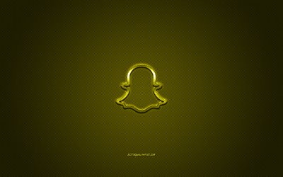 Snapchat, social media, Snapchat yellow logo, yellow carbon fiber background, Snapchat logo, Snapchat emblem