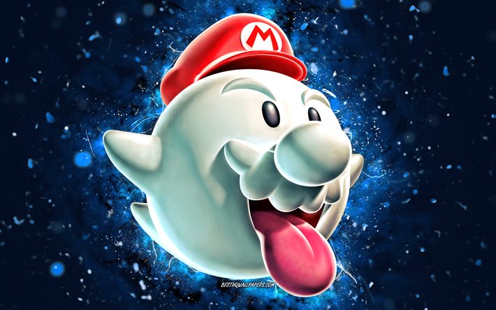 King Boo, 4k, luces de ne&#243;n azul, Super Mario, Rey de los Boos, creativo, personajes de Super Mario, King Boo Super Mario