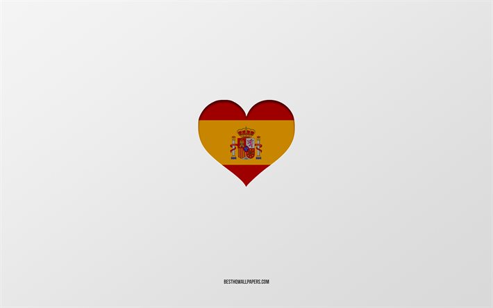 J’aime l’Espagne, les pays europ&#233;ens, l’Espagne, fond gris, coeur de drapeau de l’Espagne, pays pr&#233;f&#233;r&#233;, Amour Espagne