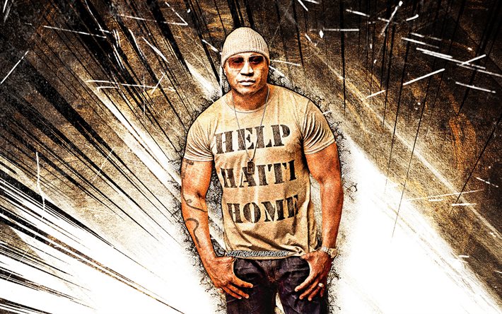 4k, LL Cool J, grunge art, american rapper, music stars, James Todd Smith, brown abstract rays, american celebrity, LL Cool J 4K