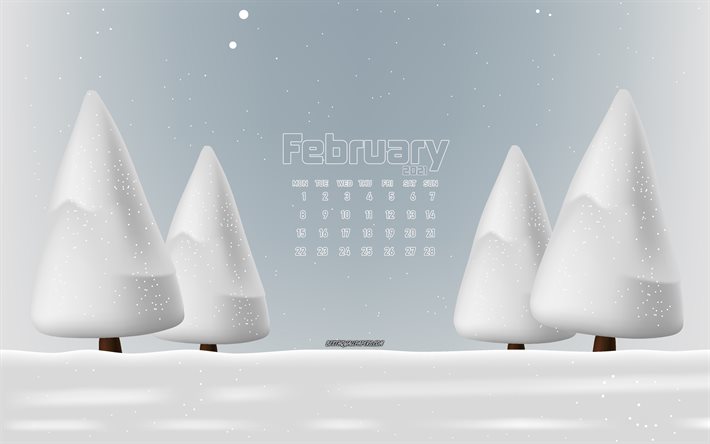 2021年2月カレンダー, 4k, 冬の風景, 冬。, スノー, 2021年のカレンダー, 2月, 2021年
