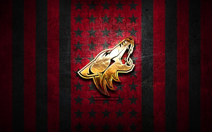 Bandera de los Coyotes de Arizona, NHL, fondo de metal negro rojo, equipo de hockey americano, logotipo de Arizona Coyotes, EEUU, hockey, logotipo de oro, Coyotes de Arizona