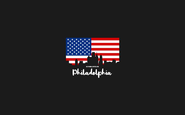Filadelfia, ciudades americanas, horizonte de la silueta de Filadelfia, bandera de EEUU, paisaje urbano de Filadelfia, bandera estadounidense, EEUU, horizonte de Filadelfia