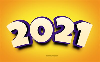 2021 New Year, yellow background, 3d letters, Happy New Year 2021, 2021 3d yellow background, 2021 concepts, 2021 postcard, 2021 greeting card
