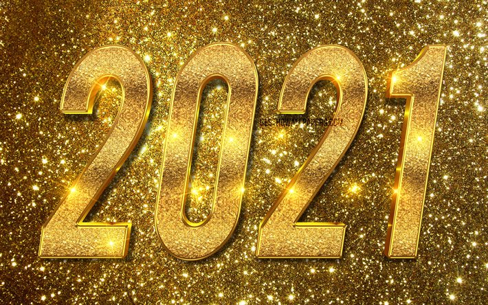 4k, 2021 uusi vuosi, taideteos, 2021 kultaiset glitter-numerot, 2021 k&#228;sitteet, 2021 kultaisella glitter-taustalla, 3D-taide, 2021 3D-numerot, 2021 vuosinumerot, Hyv&#228;&#228; uutta vuotta 2021