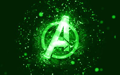 アベンジャーズグリーンロゴ, 4k, 緑のネオンライト, creative クリエイティブ, 緑の抽象的な背景, アベンジャーズのロゴ, スーパーヒーロー, アベンジャーズ。