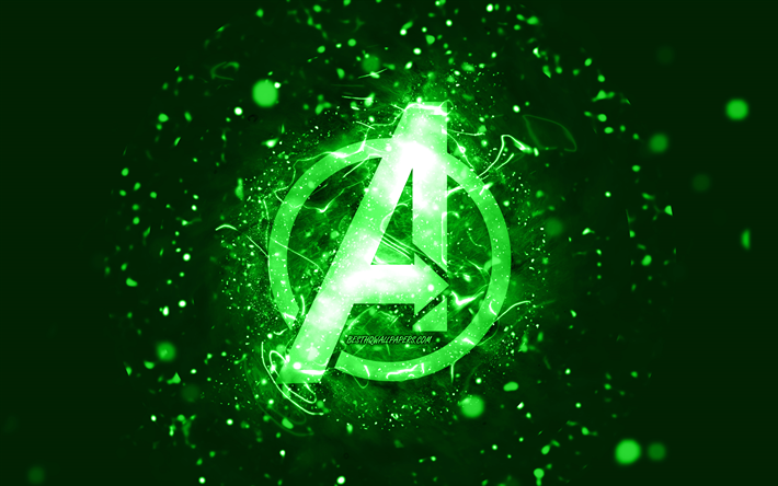Avengers vihre&#228; logo, 4k, vihre&#228; neonvalot, luova, vihre&#228; abstrakti tausta, Avengers logo, supersankarit, Kostajat