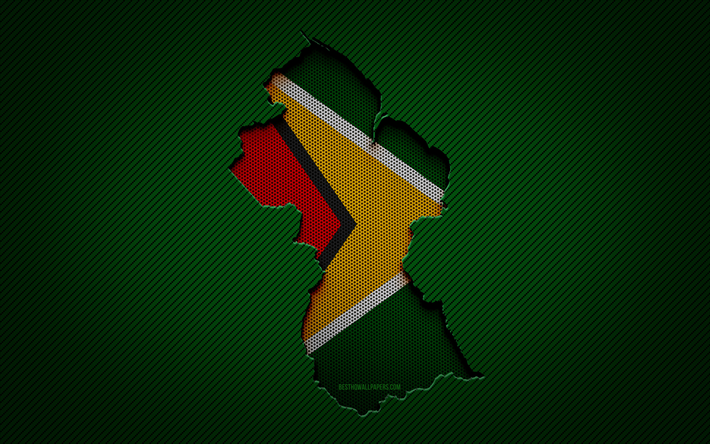 Carte du Guyana, 4k, pays d’Am&#233;rique du Sud, drapeau guyanais, fond carbone vert, silhouette de la carte du Guyana, drapeau du Guyana, Am&#233;rique du Sud, carte guyanaise, Guyana