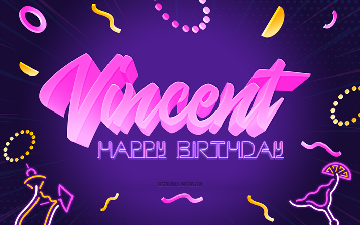 Happy Birthday Vincent, 4k, Purple Party Background, Vincent, creative art, Happy Vincent birthday, Vincent name, Vincent Birthday, Birthday Party Background