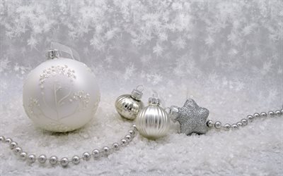 White Christmas ball, 4k, Happy New Year, White Christmas background, white Christmas decorations, New Year, Happy Christmas