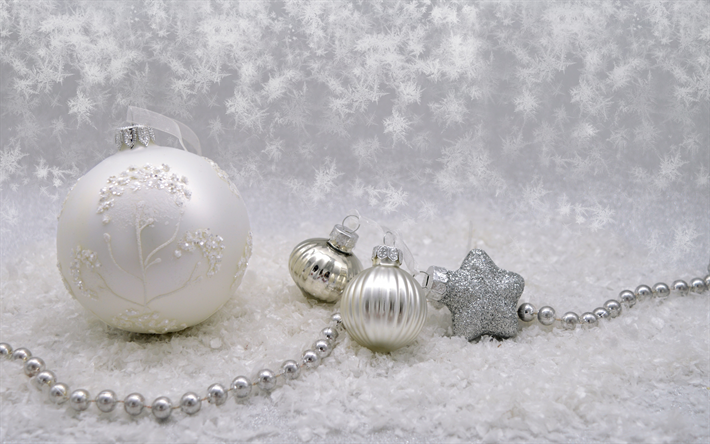 ホワイトクリスマスボール, 4k, 新年あけましておめでとうございます, ホワイトクリスマスの背景, ホワイトクリスマスデコレーション, 新年。, ハッピークリスマス