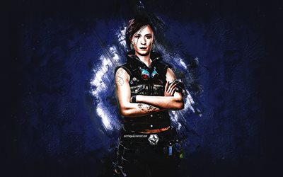 Iris Tanner, Cyberpunk 2077, sininen kivi tausta, Cyberpunk 2077 hahmot, Iris Tanner Cyberpunk, Iris Tanner -hahmo