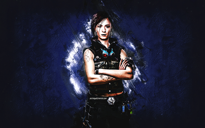 Iris Tanner, Cyberpunk 2077, fundo de pedra azul, personagens Cyberpunk 2077, Iris Tanner Cyberpunk, personagem Iris Tanner
