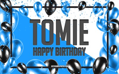 Joyeux anniversaire Tomie, fond de ballons d&#39;anniversaire, Tomie, fonds d&#39;&#233;cran avec des noms, joyeux anniversaire de Tomie, fond d&#39;anniversaire de ballons bleus, anniversaire de Tomie
