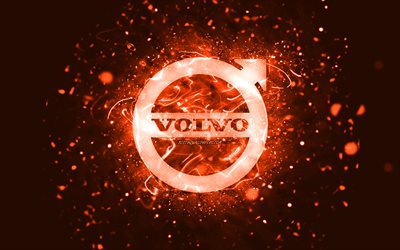 Logo arancione Volvo, 4k, luci al neon arancioni, creativo, sfondo astratto arancione, logo Volvo, marche di automobili, Volvo