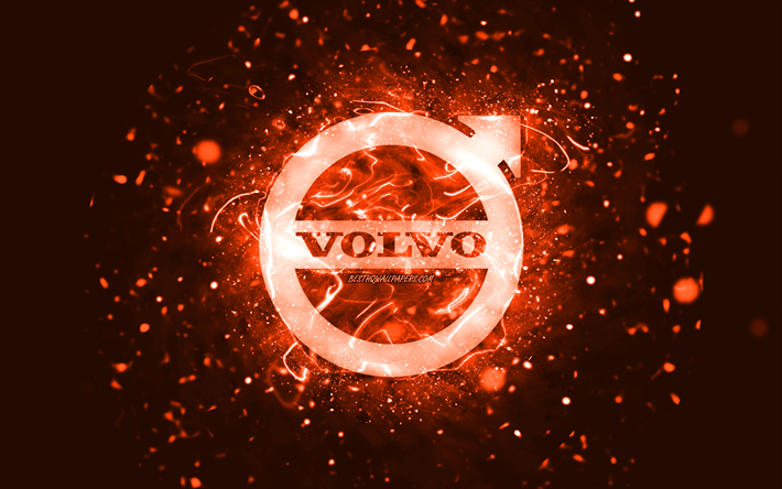 Volvo orange logo, 4k, orange neon lights, creative, orange abstract background, Volvo logo, cars brands, Volvo