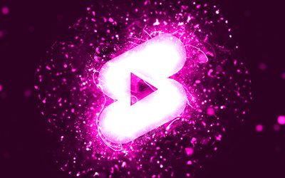Logo violet de short Youtube, 4k, néons violets, créatif, fond abstrait violet, logo de short Youtube, réseau social, short Youtube
