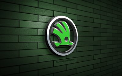 Logo Skoda 3D, 4K, muro di mattoni verde, creativo, marchi di automobili, logo Skoda, arte 3D, Skoda
