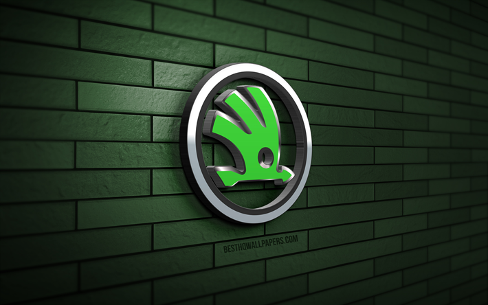 Skoda 3D logo, 4K, green brickwall, creative, cars brands, Skoda logo, 3D art, Skoda