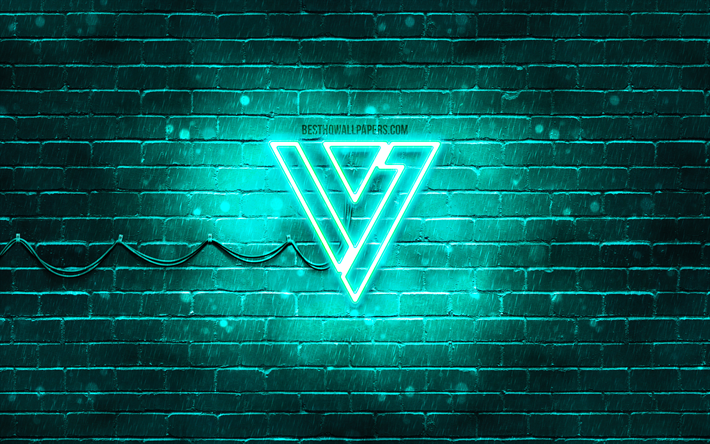 Seventeen turquoise logo, 4k, K-pop, stars de la musique, mur de briques turquoise, Seventeen logo, marques, K-Pop Boy Band, Seventeen n&#233;on logo, Seventeen