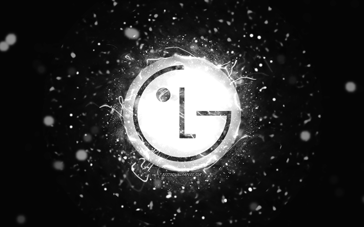 LG logo bianco, 4k, luci al neon bianche, creativo, sfondo astratto nero, logo LG, marchi, LG