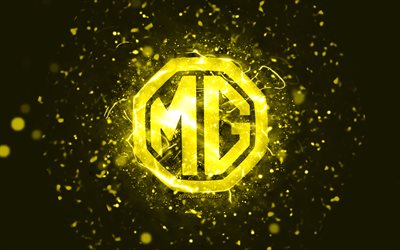 MG yellow logo, 4k, yellow neon lights, creative, yellow abstract background, MG logo, cars brands, MG