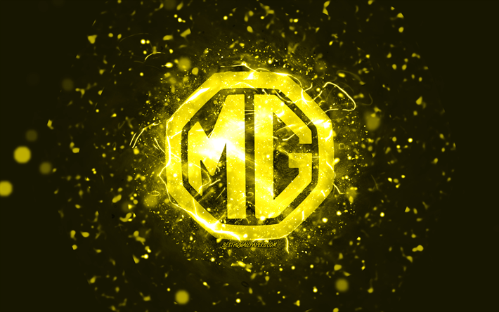 Logotipo amarelo MG, 4k, luzes de n&#233;on amarelas, criativo, fundo abstrato amarelo, logotipo MG, marcas de carros, MG
