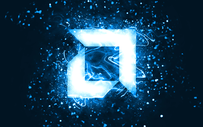 AMD blue logo, 4k, blue neon lights, creative, blue abstract background, AMD logo, brands, AMD