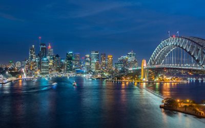 Sydney, Port Jackson Bay, Harbor Bridge, skyscrapers, evening, sunset, Sydney cityscape, Sydney panorama, Sydney skyline, Australia