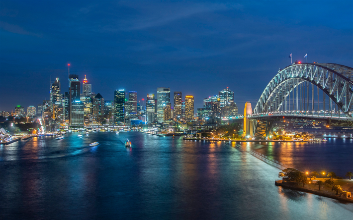 Sydney, Port Jackson Bay, Harbour Bridge, arranha-c&#233;us, noite, p&#244;r do sol, paisagem urbana de Sydney, panorama de Sydney, horizonte de Sydney, Austr&#225;lia