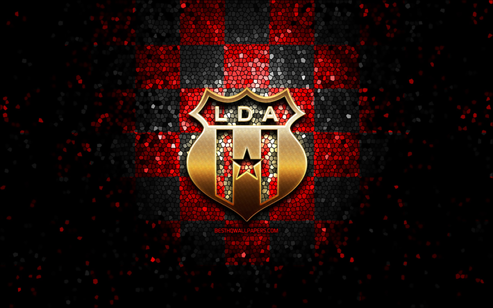 LD Alajuelense, logotipo brilhante, Liga FPD, fundo xadrez preto vermelho, futebol, clube de futebol da Costa Rica, logotipo do Alajuelense FC, arte em mosaico, Alajuelense FC, Liga Deportiva Alajuelense