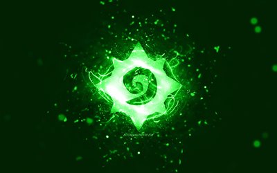 Hearthstone green logo, 4k, green neon lights, creative, green abstract background, Hearthstone logo, online games, Hearthstone