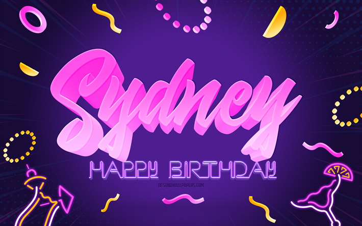 Happy Birthday Sydney, 4k, Purple Party Background, Sydney, creative art, Happy Sydney birthday, Sydney name, Sydney Birthday, Birthday Party Background