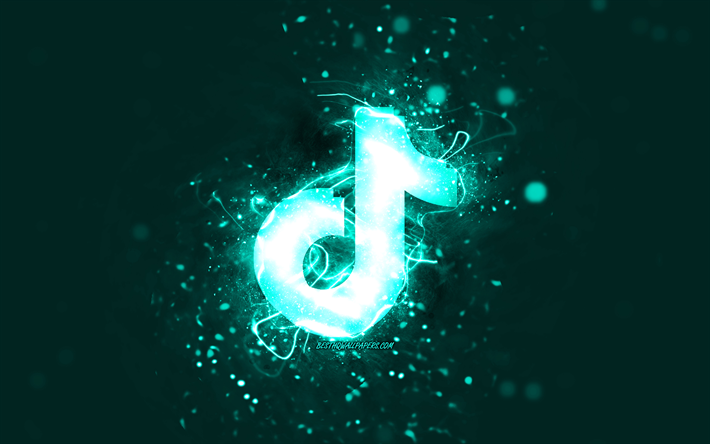 Logo turquoise TikTok, 4k, n&#233;ons turquoise, cr&#233;atif, fond abstrait turquoise, logo TikTok, r&#233;seau social, TikTok