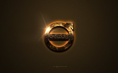 Volvo golden logo, artwork, brown metal background, Volvo emblem, Volvo logo, brands, Volvo