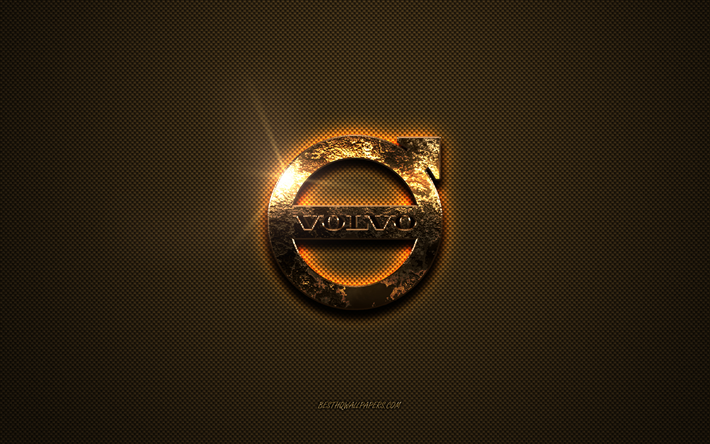 Logo Volvo dorato, grafica, sfondo marrone in metallo, emblema Volvo, logo Volvo, marchi, Volvo