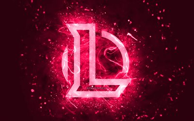 League of Legends pink logo, 4k, LoL, pink neon lights, creative, pink abstract background, League of Legends logo, LoL logo, online games, League of Legends
