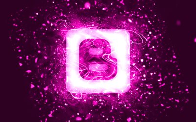 Blogger purple logo, 4k, purple neon lights, creative, purple abstract background, Blogger logo, social network, Blogger