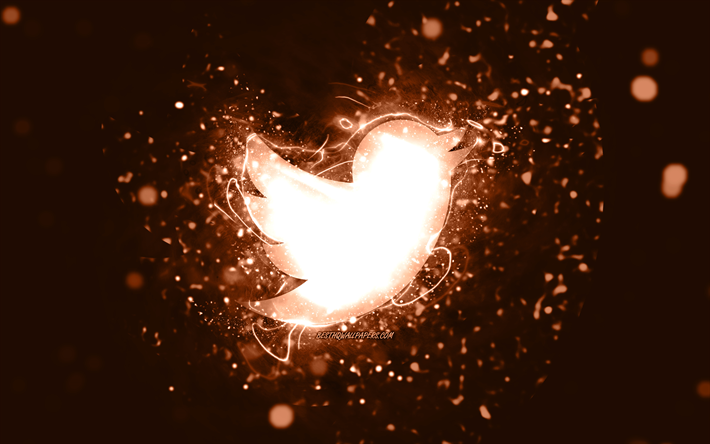 Twitterin ruskea logo, 4k, ruskeat neonvalot, luova, ruskea abstrakti tausta, Twitter-logo, sosiaalinen verkosto, Twitter