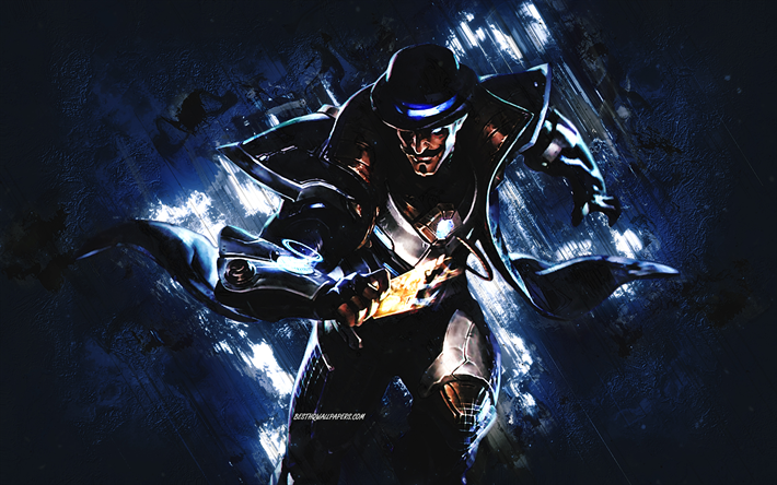 Pulsefire Twisted Fate, League of Legends, blue stone background, main characters, Pulsefire Twisted Fate LoL, League of Legends characters, Pulsefire Twisted Fate League of Legends