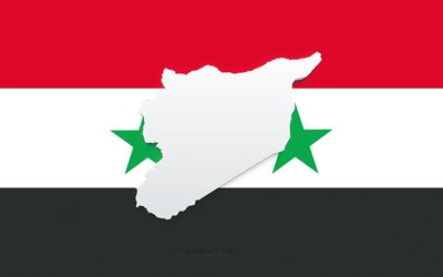 Silhouette de carte de Syrie, drapeau de la Syrie, silhouette sur le drapeau, Syrie, silhouette de carte de Syrie 3d, drapeau de Syrie, carte 3d de Syrie