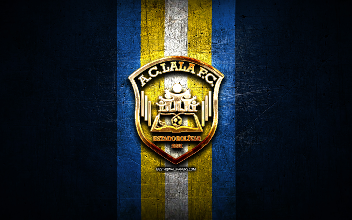 ララFC, 金色のロゴ, リーガFutVe, 青い金属の背景, サッカー, ベネズエラのサッカークラブ, ACララのロゴ, ベネズエラプリメーラ部門, ACララ